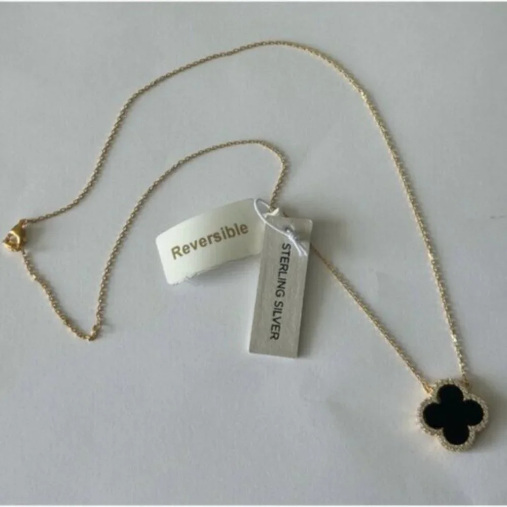 Rachel Zoe Sterling Silver 925 Gold Plated Clever Reversibl Necklace Pearl Onyx - Picture 9 of 16